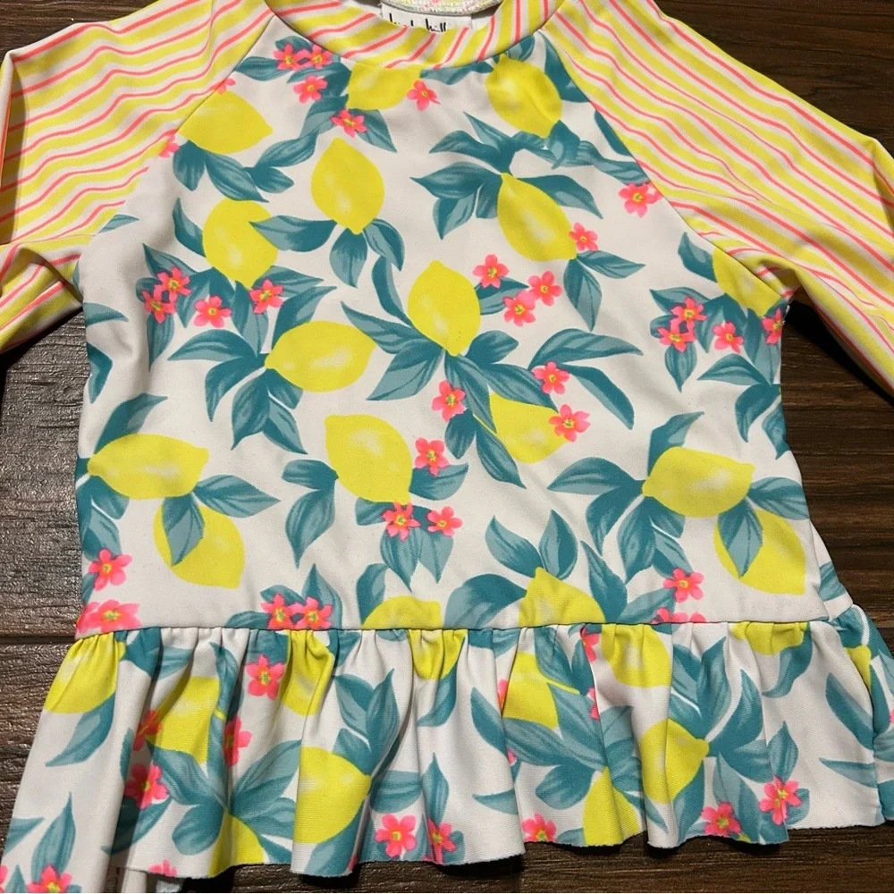Nicole Miller Girls Swim Rash Guard 6 Lemons Pink Stripes Floral‎ Top Only